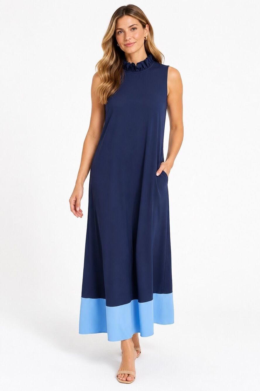 Jude Connally Navy Blue Colorblock Ruffle Neck Maxi Dress S
